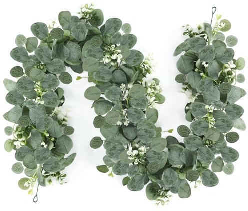 TYSM-CC1.8m Guirnalda de Eucalipto Artificial 2 Unidades Corona de Hojas Naturales con Flores Blancas, Decoración Elegante para Bodas, Fiestas, Chimeneas, Escaleras y Marcos de Puertas Plantas Colgant