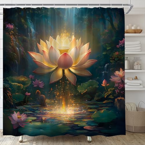 TENVSIN Lotus Shower Curtain Fantasy Pink Flower Spa Lotus Leaf Spiritual Dreamy Pond Waterfall Golden Floral Art Asian Oriental Fabric Bathroom Decor Set with Hooks(70 WX70 H)