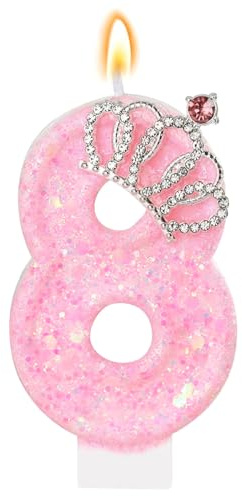 LunarCharm Bougies d'anniversaire roses – Bougie à chiffres scintillantes pour la 8e fête d'anniversaire avec couronne, chiffre 8, pour gâteau, décorations de cupcake, décorations de fête
