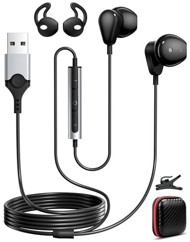 Casques USB PC Filaire, Écouteurs Filaires Type A avec Micro Câble 2,3 m PC Casque Jeu Stéréo HiFi avec Fonction Muet Anti Bruit Intra Auriculaires Écouteur Gamer pour Dell Ordinateur Portable, Noir