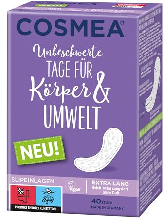 Cosmea Slipeinlagen, FLUFF, Vorteilspack, (Extra Lang 4 x 40 Stück) Hygiene-Einlagen aus nachwachsenden Rohstoffen. Damen-Hygiene im Einklang mit der Natur (Extra Lang) neues Material