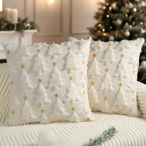 Miaikoe Christmas Cushion Covers 45x45 cm Set of 2 Cream White Christmas Tree Star Pillow Cases Soft Plush Faux Fur for Holiday Winter Home Coach Sofa Decorations