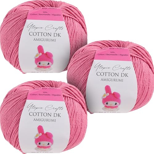 Utopia Crafts Amigurumi Cotton DK - Hilo para ganchillo y tejer, 50% algodón, 50% mezcla de acrílico, 3 unidades de 50 g (rosa pálido)