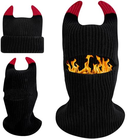 TAGVO Passamontagna Lavorato a Maglia Termico Invernale, Multifunzionale Maschera da Sci da Moto da Bicicletta con Scaldacollo, Cappello con Corna del Diavolo Berretto per Halloween Cosplay