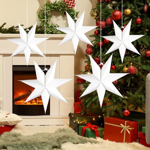 5 piezas de linternas de papel estrella blanca, decoración de estrella de papel de Navidad con pantalla de 7 puntas, estrella de papel de Navidad colgante, lámpara de papel, decoraciones colgantes
