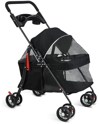 Poussette de voyage pour animal domestique pour chien et chat avec 4 roues, poussette pliable pour chien et chat avec porte-gobelet pour petits chiens et chats de taille moyenne (noir)