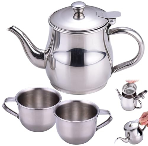 Hbbgdiy Service à thé pour Enfants Théière Portable à Long Bec en Acier Inoxydable 330 ML avec Filtre et 2 Petites Tasses de 70 ML pour Enfants Faisant Semblant de Jouer Cadeaux fête Service thé en