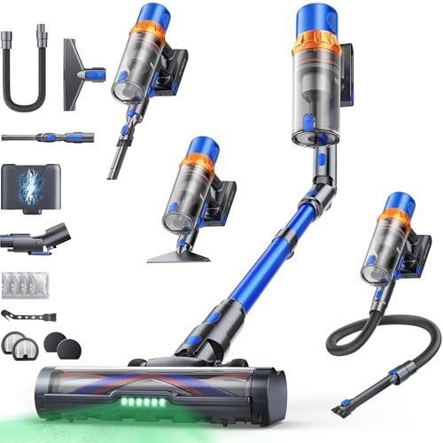 Cordless Vacuum Cleaner, 600W 50KPa 65Mins Stick Vacuum with 90° Curved Adapter, 1m Hose, Aromatherapy, Wall-Mounted Charging, Touch Screen Auto Mode, Powerful Vacuum for Pet Hair/Carpets/Hardwood