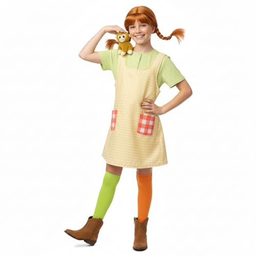 ZJKUBOIS 6 Stück Freches Mädchen in Strümpfen, Karneval Kostüm Kinder Erwachsene, Faschingskostüm für Mädchen Damen, Inkl. Perücke, T-Shirt, Schürze, Strümpfe, Affenpuppe (Kinder, XS)