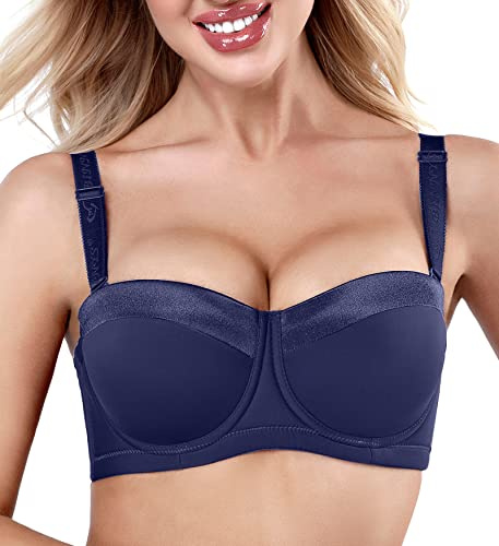 VSEISNOO Women Sexy Padded Underwire Multiway Strapless Push up Bra for Women Plus Size Balconette Bra Navy