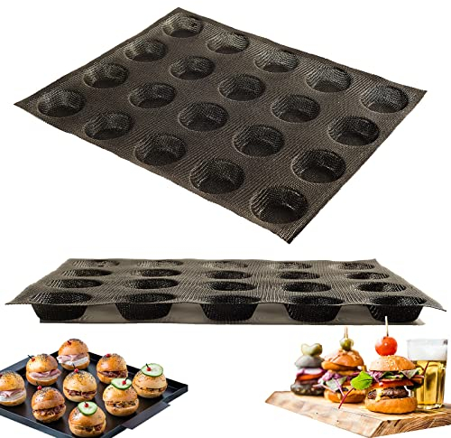 Silicone Small Hamburger Bun Mold, Mini Hamburger Bun Pan 20 Cavity, Perforated Hamburger Bread Mold, Nonstick Burger Bun Pan with Pinholes, Mesh Baking Tray for Gluten-Free Hamburger Buns Black