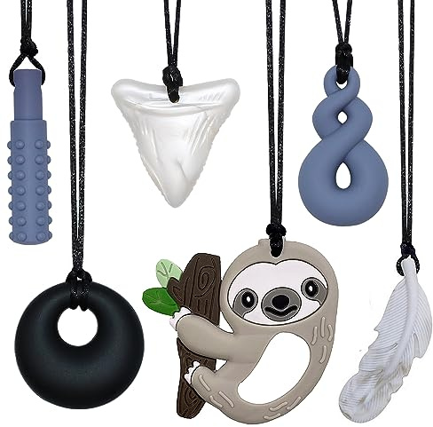 Chew Necklace for Sensory Kids, 6 Pack Silicone Chewing Necklace for Kids Boys Girls with ADHD Autism, Anxiety, Sensory Chew Toys for Autistic Children and Adults Reduce Chewing Fidgeting