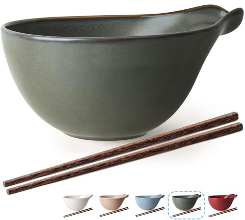 Artena Ramen Bowl with Chopsticks, 42oz Ceramic Noodle Bowl, Large Soup Bowl, Pasta Bowl Set, Big Salad Bowl, Deep Pho Bowl for Dumplings, Cereal, Rice, Dishwasher Microwave Safe, Gourd Design, Olive