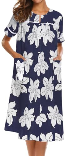 Ekouaer Camisones para mujer, vestido de casa con bolsillos, con botones, abrigo de casa, de manga corta, vestidos de noche, plumero, Moo Moos
