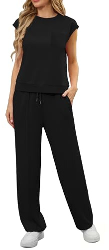 GRECERELLE Chándal de dos piezas para mujer, traje de verano de manga corta, informal, cuello redondo, manga larga, tops y pantalones de chándal con bolsillos, Negro , M