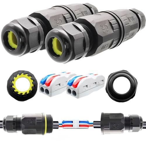 IP68 Waterproof Wire Connectors, CTRICALVER Quick Cable Clamp Terminal Block (AWG20-12 L/N 2 in 2 out) Waterproof Junction Box 2Pack, For outdoor connection wiring Cable Diameter Ø6-9 mm