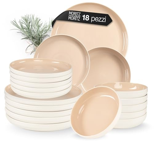 Moritz & Moritz 18 delar CAVO porslinsset 6 personer Almond – tallriksset för 6 personer av stengods – modern middagsservis med mattallrikar, desserttallrikar och soppskålar – snygg och robust