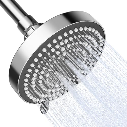 OFFO Rain Shower Head, 6 Modes 13cm(5 inch) Fixed Shower Head with Adjustable Metal Swivel Ball Joint, Overhead Shower Head for Standard G1/2 Screw Thread Pipe, Chrome