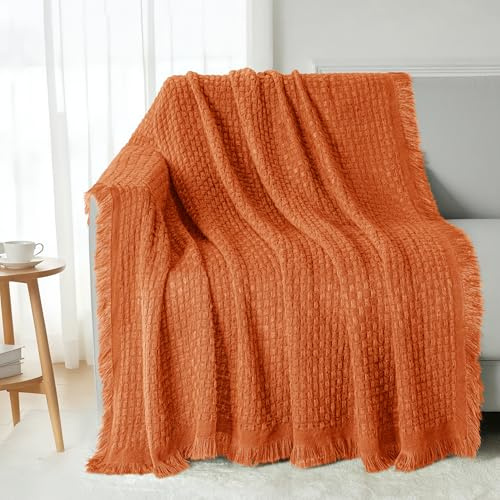 Exclusivo Mezcla Couverture Rafraichissante d'Été, Tricotée à Franges, Plaid Douce et Respirante pour Canapé et Lit, jeté de lit léger et Frais, Idéal pour la pièce climatisée, 150x200 cm, Orange