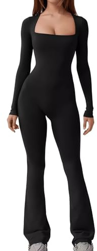 Hybursky Gym Jumpsuit for Women Long Sleeve Bodycon Bodysuit Seamless Square Neck Flared Wide Leg Yoga Playsuit Slim Fit Casual Full Length Jumpsuits Workout Going Outfits, Black/XL