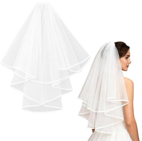 QEAS Hen Party Veil, Hen Do Veil, White Wedding Headpiece for Bride with Comb, 2 Tier Tulle Length 60-80cm, Party Accessories for Weddings, Birthdays, Cosplay