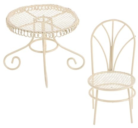 iplusmile Ensemble Mobilier Miniature Maison de Poupée 2 Pièces en Fer Blanc Crème Table Bistrot Ronde et Chaise Vintage Décoration Micro-Paysage et Accessoires Créatifs pour Salon de Thé