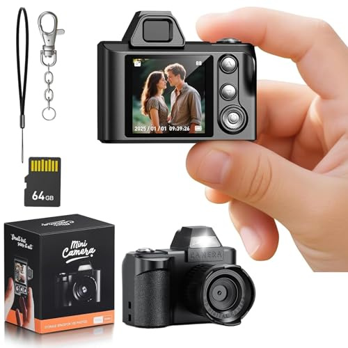 64MP Kids Digital Camera with 64GB SD Card, Mini Retro Keychain Camera for Boys and Girls, Portable 720P Video Camcorder with Soft Silicone Protective Case, Small Photography Gift for Ages 3-12