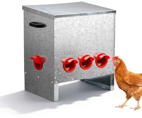 LEADZM Mangeoire Poules Anti nuisible Automatique, Distributeur Automatique de Nourriture 5 Ports Grande capacité en Acier galvanisé, résistant aux intempéries, 54×38×53 cm