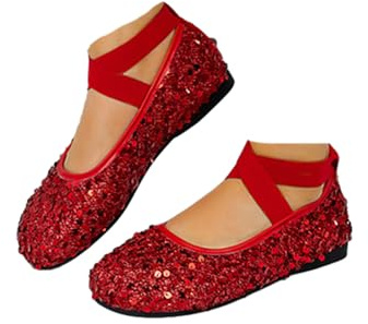 Ballerine da donna eleganti con paillettes, con cinturino elastico alla caviglia, comode, con punta arrotondata, senza lacci, stile casual, Rosso, 0 UK