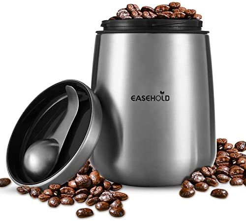 EASEHOLD Kaffeedose Luftdicht aus Edelstahl mit Magnet Löffel, Vorratsdose für Kaffeebohnen oder Kaffeepulver, Tee, Nüsse, Kakao perfekt aufzubewahren silberne Kaffeebehälter 500g