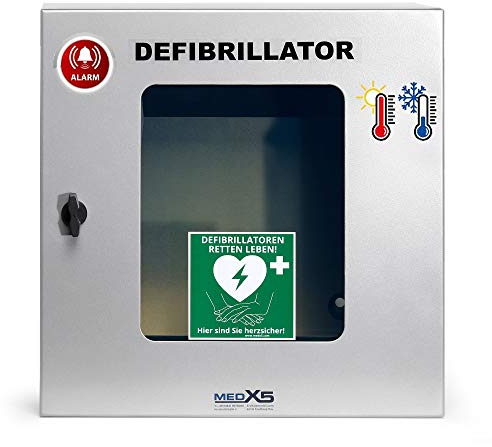 MedX5 Universal Defibrillator AED Außenwandkasten beheizt, Wandschrank klimatisiert, mit Alarmen, beleuchtet, IP55 (Staub- Spritzwasserschutz), Farbe: Grau