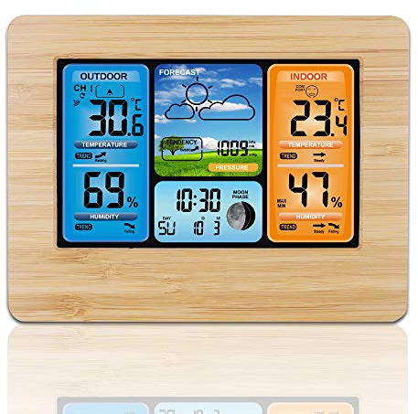 Stazione Meteorologica Con Sensore Wireless Esterno, Stazione Meteorologica Digitale per La Casa- Stazioni Meteorologiche Digitali Lcd Con Allarme E Temperatura/Umidità//Fase Lunare/Sveglia/Data Ora