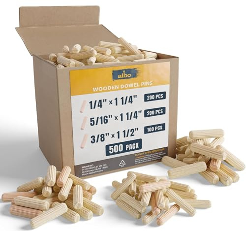 ALBO Wooden Dowel Pins 500 Pack Assorted Sizes 1/4 + 5/16 + 3/8 inch Fluted Wood Dowels Rods Hardwood Crafts Dowel Pegs