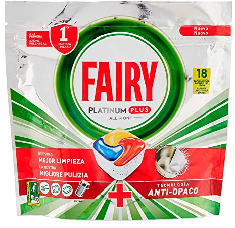 Fairy Platinum Plus - Pastiglie per lavastoviglie, 18 capsule al limone, detergente anti-opaco