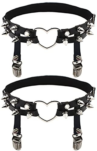 Adove Women Adjustable Leather Thigh Garter, Heart Shaped Leg Garter with Clips Punk Goth Garters for Thigh high Socks Black