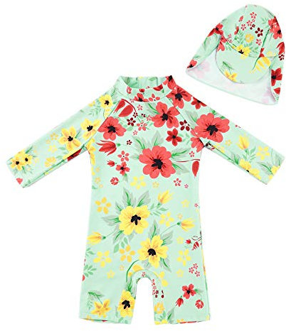 upandfast Maillot de Bain Mignon pour Filles avec Protection Solaire UPF 50+ Maillot de Bain Une pièce à Manches Longues avec Fermeture éclair (Vert Clair, 18-24 Mois)