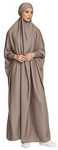 OBEEII Womens Muslim Dress Prayer Clothes Islamic Dubai Turkish Robes Full Length Dress with Hijab Khaki One Size