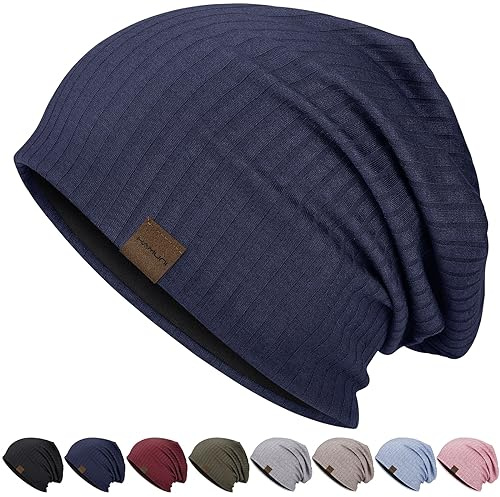 HAMUNI Slouchy Beanie Hip-Hop Soft Lightweight Running Beanie Hat Breathability & Elasticity Adult Dwarf Hats Chemo Cap Skull Cap for Men Women (Dark Blue)