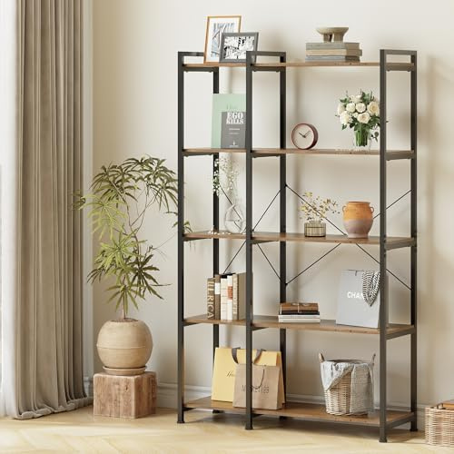 VEDECASA 5 Tiers Corner Bookshelf 5 Tiers Deformable Corner Bookcases Industrial Freestanding Bookshelf Storage Display Rack with Metal Frame for Living Room Home Bedroom Home Office Study Room