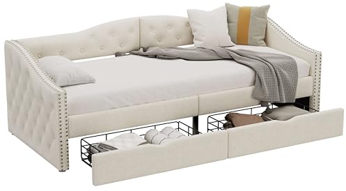 MQGPM Polsterbett Tagesbett 90 x 200 cm mit Stauraum, Einzelbett Schlafcouch mit 2 Schubladen und Lattenrost, Stauraumbett Gästebett mit Rückenlehne, für Wohnzimmer Schlafzimmer, ohne Matratze, Beige