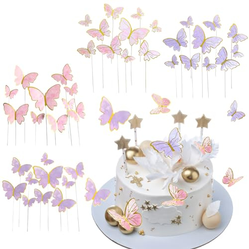 80 Stück Schmetterling Tortendeko, Schmetterling Kuchen Deko Cupcake Topper Muffin Deko Tortenaufleger Mädchen für Geburtstagsfeier Hochzeit Dekoration (Rosa, Lila)