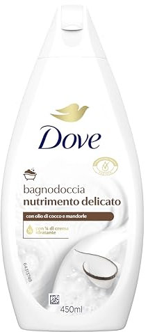 Dove Bagnodoccia Nutrimento Delicato, Idratante Dermo-Naturale, Olio di Cocco, 1/4 Crema Idratante, Dermatologicamente Testato, Bagnoschiuma Uomo e Donna, 100% Bottiglia Riciclata* 450 ml