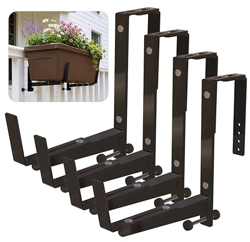 Fensterkastenhalterungen für Geländer - 4 Stück Verstellbarer Pflanztopf - Stabile Blumenkastenhalterungen für Geländer, Balkone und Zäune - Aufrechtes Geländerpflanzenregal (Schwarz 4er-Pack)