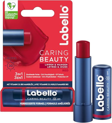 Labello Caring Beauty Red Lippenpflegestift mit Farbe und Sonnenschutz, farbige Lippenpflege mit LSF 30, Vitamin E & Bio-Mandelöl, Lippenbalsam für Lippen & Wangen (4,8 g)