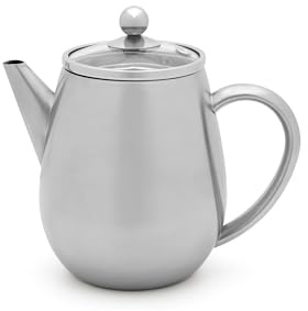 Tetera de doble pared 0,5 litros – Pequeña tetera aislante de acero inoxidable plateado con tapa de cristal y filtro de té – Ideal para tipos de té sueltos