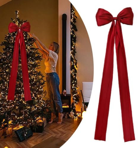 Xmsa Puntale per albero di Natale extra lungo, 119 cm, fiocco rosso, fiocchi per ghirlande per decorazioni per albero di Natale, decorazioni per feste invernali