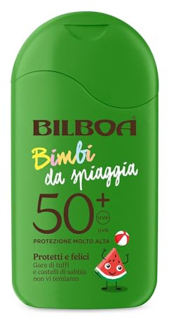 Bilboa, Bimbi da Spiaggia, Latte Solare SPF 50+ per Bambini 3+ anni, con Profumo di Anguria, Rapido Assorbimento e Facile Applicazione, Resistente all’Acqua, 200 ml
