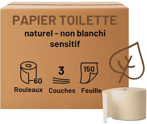 Tissue Expert Toilettenpapier, 3-lagig, 60 Rollen á 150 Blatt, naturbelassen & ungebleicht, sensitives Klopapier, superweich, plastikfrei verpackt