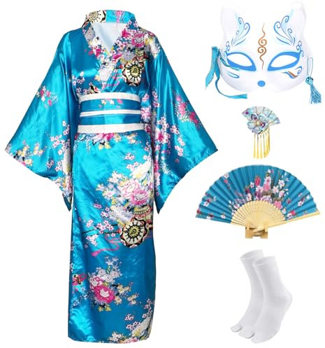 CRFASIBE Japanischer Traditioneller Kimono Kostüm für Damen Floral Bedruckter Kimono Bademantel Yukata Japanisches Kleid Cosplay Kostüm Set Partykleid Bühnenfotografie(See Blau)
