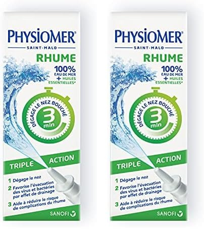 Physiomer Rhume Triple Action - Dispositif médical - Spray nasal 100% eau de mer - Huiles essentielles - A partir de 6 ans -20 mL (Lot de 2)